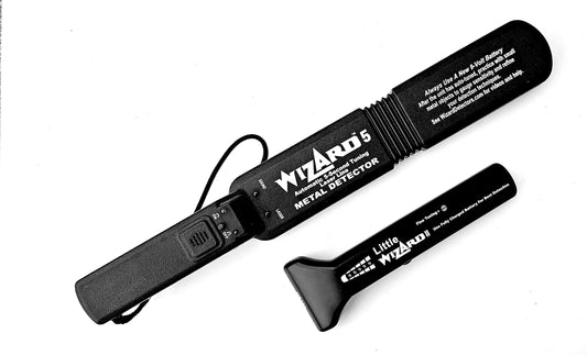 Wizard 5 and Little Wizard woodworking metal detectors side by side on white background