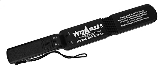 Lumber Wizard 5 wand metal detector angled top view showing Wizard 5 branding and wrist strap