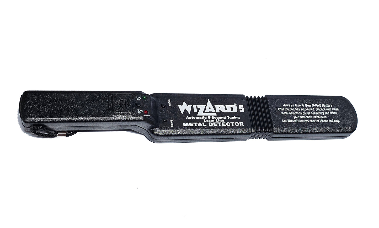 Lumber Wizard 5 woodworking metal detector side profile showing handle, controls, and laser port