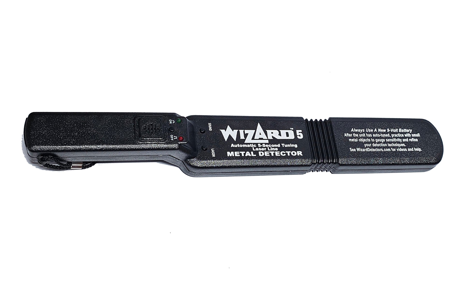 Lumber Wizard 5 woodworking metal detector side profile showing handle, controls, and laser port